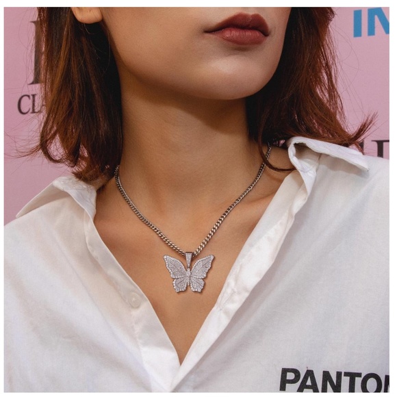 CZ Iced Butterfly Pendant w Gold Silver Iced Chain - Picture 4 of 10